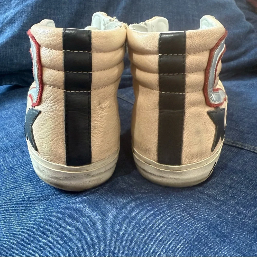 Golden Goose Beige High-Top Sneakers with Red & Silver Accents